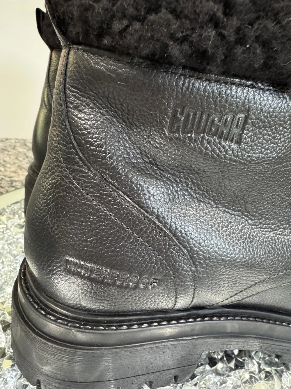 Cougar Vow Black Waterproof Leather Winter Ankle Boots with Shearling Cuff NEW